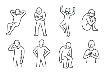 Eight depictions of human figures in various emotional and physical poses on dark background.