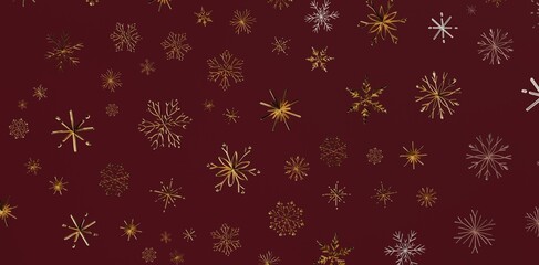 Festive background with detailed golden and white snowflakes on a deep burgundy surface. Perfect for holiday designs, winter themes, and seasona