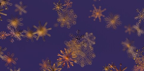 Abstract snowflake pattern in golden and purple colors. Modern winter background with falling snowflakes. Festive design for Christmas and New Y