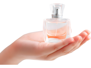 Hand holding perfume bottle isolated on transparent background, representing femininity and soft beauty.