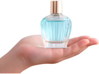 Hand holding perfume bottle isolated on transparent background, representing femininity and soft beauty.