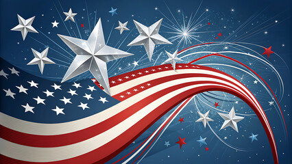 Obraz premium American flag waving with stars and fireworks on blue background 