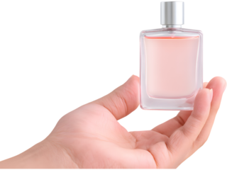 Hand holding perfume bottle isolated on transparent background, representing femininity and soft beauty.