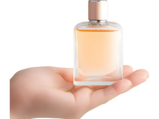 Hand holding perfume bottle isolated on transparent background, representing femininity and soft beauty.