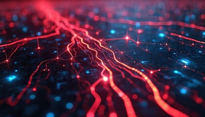 Abstract digital network background shows red data lines connecting glowing blue points. Data moves fast through complex circuits. Image represents modern tech, AI, big data flow, digital info