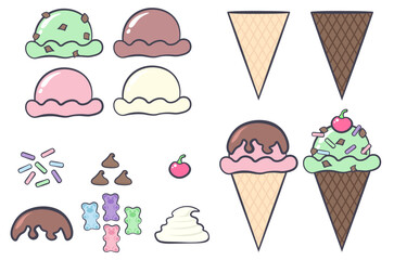Build Your Own Sundae Vector Set | Ice Cream Scoops and Toppings | Fun Frozen Treats
