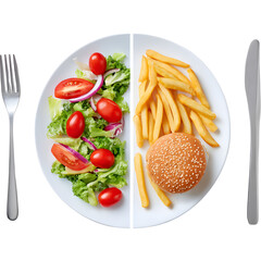 Comparison of healthy salad and junk food on split plate isolated on transparent background, symbolizing nutrition choice.