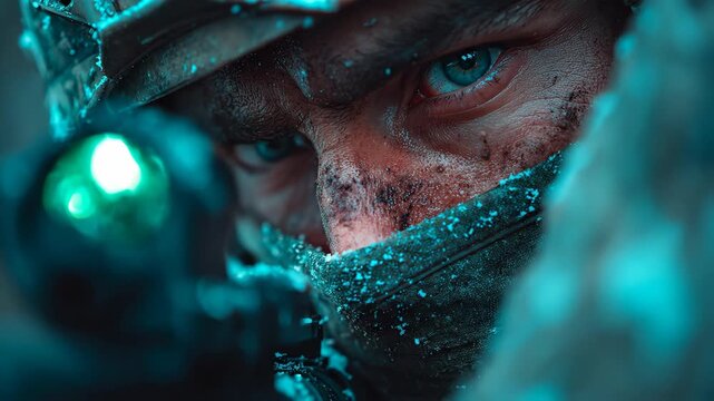 Intense focus of soldier in combat