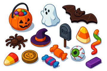 Halloween Candy Icons. Isometric vector illustration set Halloween Candy Set: pumpkin candy bucket, ghost-shaped marshmallow, bat
