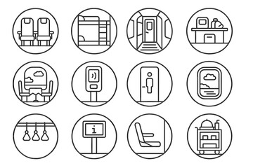 Fototapeta premium Train Interior Icons. Line style icons of train interiors in round shape: passenger seats, sleeper berth, train corridor, luggage