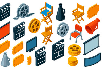 Filmmaking Tools Icons. Isometric vector illustration set filmmaking elements: striped slate clapperboard, film reel with leader,