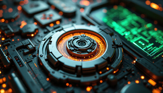 Advanced futuristic circuit board with glowing orange and green lights. Intricate metal components and digital interface. Machine learning AI system.