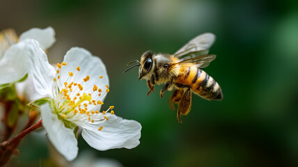 A close-up photo of a bee on a white flower, with a green background and natural lighting. the macro lens captures meticulous details in the wing patterns and texture. Ai generated