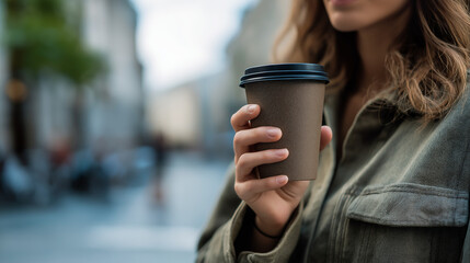 Woman holding reusable coffee cup outdoors, urban street background