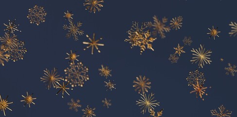 Abstract gold snowflakes on a navy blue backdrop. Ideal for holiday backgrounds, Christmas, festive designs, winter sales, or seasonal promotion