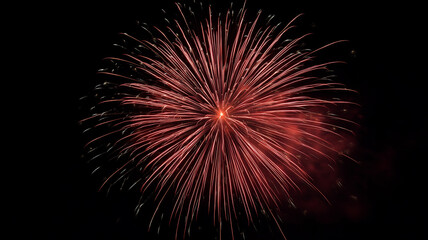 A red fireworks explosion in the center of black sky, high resolution photography, professional color grading, soft shadows, no contrast. Ai generated