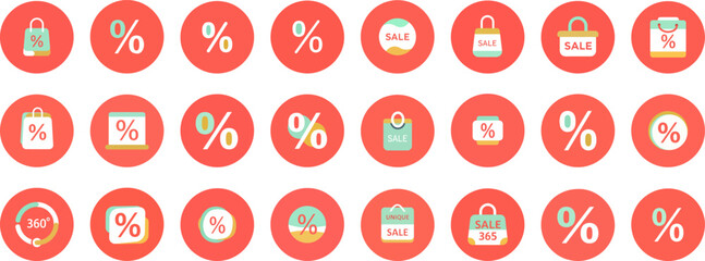 24 circular icons on red background with shopping bags, percentage signs, and sale text