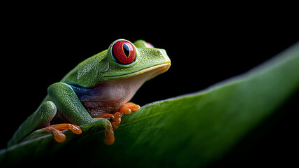 Obraz premium A red-eyed tree frog sitting on the edge of a green leaf, lit by moonlight in the darkness. Ai generated