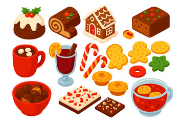 Festive Food Icons. Isometric vector illustration set Festive Food and Drink: Christmas pudding, Yule log cake, gingerbread house,