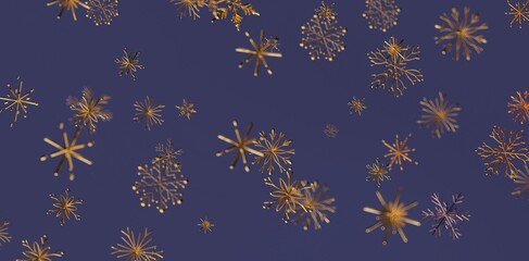 Abstract gold snowflakes on a deep blue backdrop for winter holidays, elegant Christmas cards, festive designs, and winter themes.