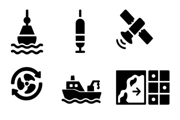 Ocean Monitoring Icons. Solid style icons of ocean monitoring tools: Drifting Buoy, Argo Float, Deep Sensor Pod, Satellite Ocean