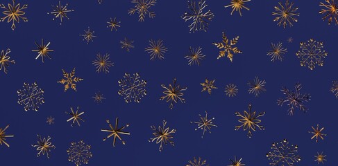 Stunning golden snowflakes against a dark blue background creating a festive winter design. Perfect for seasonal greetings, holiday themes, and