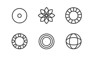 Sacred Circle Icons. Line style icons of Sacred Circle Forms: dot-in-circle, petal mandala, ring with radial lines, moon cycle
