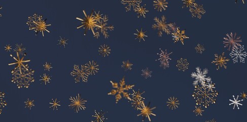 Abstract image of golden snowflakes against a dark blue background. Perfect for winter holidays, christmas themes and celebration designs.