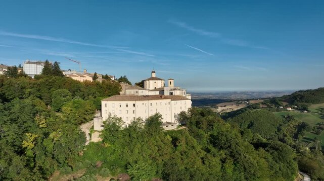Drone view of historic Cingoli town in Italy