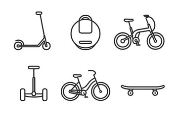 Personal Vehicle Icons. Line style icons of Personal Lightweight Vehicles: kick scooter, monowheel device, collapsible e-bike,