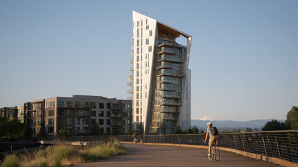 Photograph of a tall, modern residential tower with angular balconies, in the style of parametric architecture. Ai generated