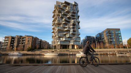 Photograph of a tall, modern residential tower with angular balconies, in the style of parametric architecture. Ai generated