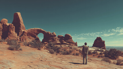 Point of view of a person looking at the arches rock formation in the desert. Ai generated