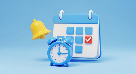 3d illustration of a calendar with a checkmark alarm clock and notification bell