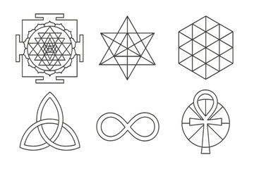 Spiritual Geometry Icons. Line style icons of Spiritual Geometry Symbols: Sri Yantra, Merkaba star, hexagram grid, triquetra knot,
