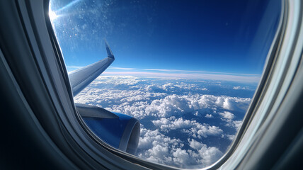View from an airplane window blue sky, the wing of the plane visible outside the window, the horizon below, a view through a small. Ai generated