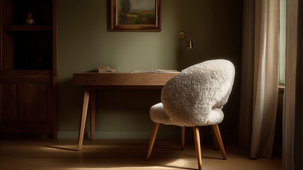 Villa study, green chair with sheepskin fabric and wooden legs, desk on the wall of walnut wood, white oak floor, brown curtains . Ai generated