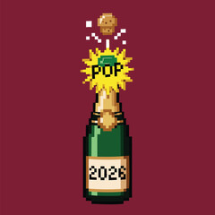 Obraz premium Pixel Art Champagne Bottle Popping for New Year 2026 Celebration.