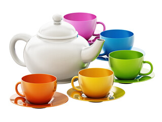 Vibrant colored tea set isolated on transparent background. 3D illustration