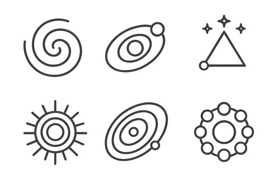 Cosmic Geometry Icons. Line style icons of Cosmic Geometry Symbols: galactic spiral, orbit lines, stellar alignment triangle,