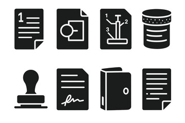 Patent Icons Set. Solid style icons of patent documentation: Numbered Sheet, Diagram Page, Labeled Parts, Cross-Section View,