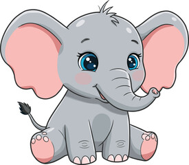 Cute baby elephant cartoon illustration, adorable sitting elephant with big ears, happy animal character art, kids vector design