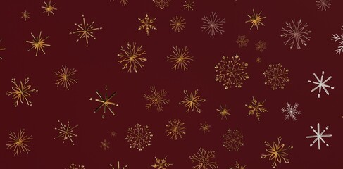 Festive background with detailed gold and white snowflakes on rich burgundy, perfect for holiday greetings and winter designs. © vegefox.com