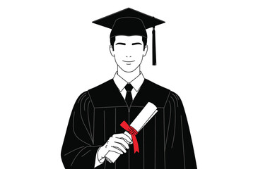 A graduate in a cap and gown holds a diploma scroll with a red ribbon.