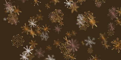 Elegant digital art of falling snowflakes on a warm brown background. Perfect for holiday design, winter themes, Christmas design, abstract art,