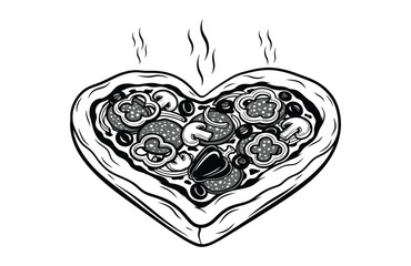 A delicious heart-shaped pizza is steaming, representing love and food.