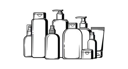 A collection of assorted bottles and containers for toiletries and cosmetics.