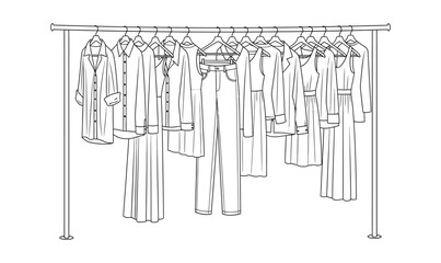 A rack of women's clothing is displayed on hangers.