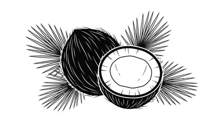 A whole coconut and a half coconut with palm fronds in the background.