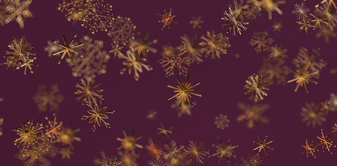 Abstract design of golden snowflakes floating against a dark purple background. Perfect for Christmas, winter, and holiday-themed projects. Adds